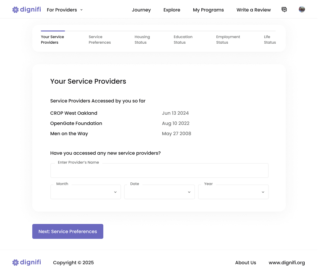Dignifi Check-in screen